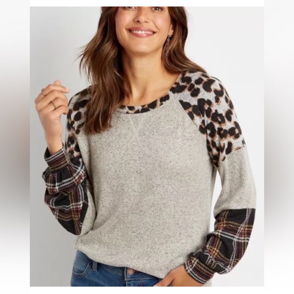 Maurice’s Leopard Plaid Colorblock Blouson Sleeve Baseball Tee Womens Small